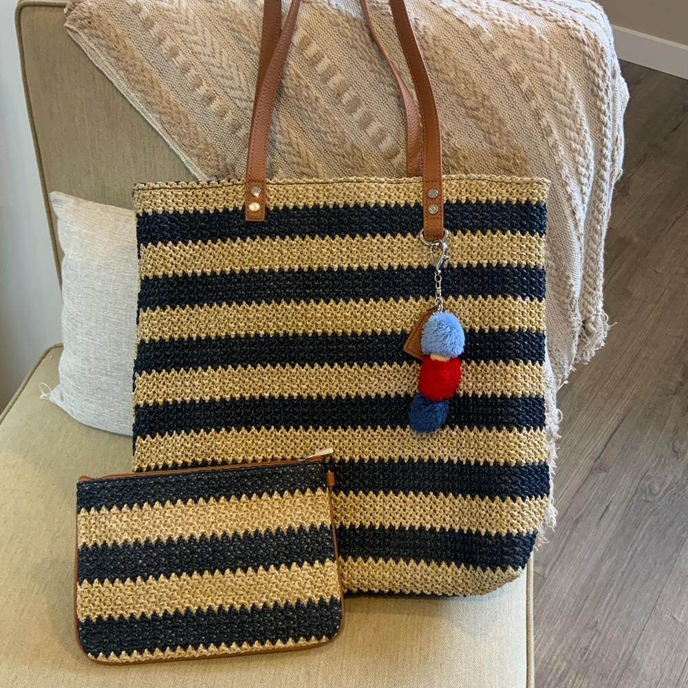 NEW Large Around Town Tote & Rubie Mini & Bag tag - navy stripe straw